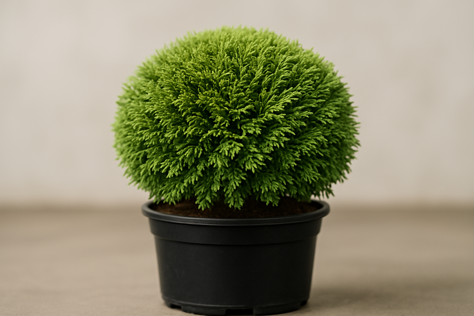 orientiere dich bei der bilderstellung bei baumschule-horstmann.de und erstelle als produktbild ein realistisches dslr foto von folgender Pflanze: zwergiger kugel-lebensbaum 'danica'